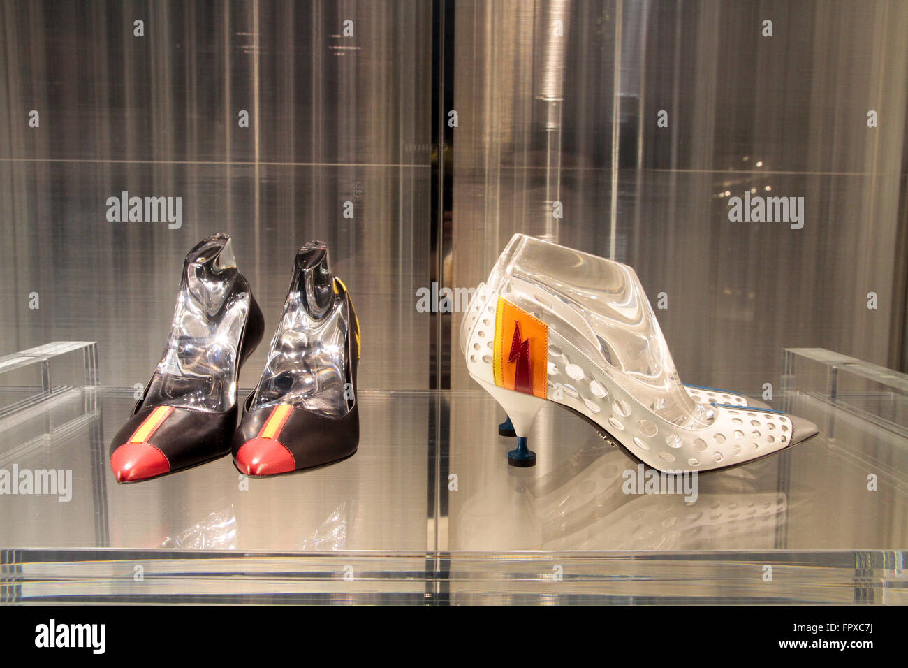 Prada shoes Brand window store in via Condotti Rome Italy, shopping luxury  fashion made in Italy Stock Photo - Alamy