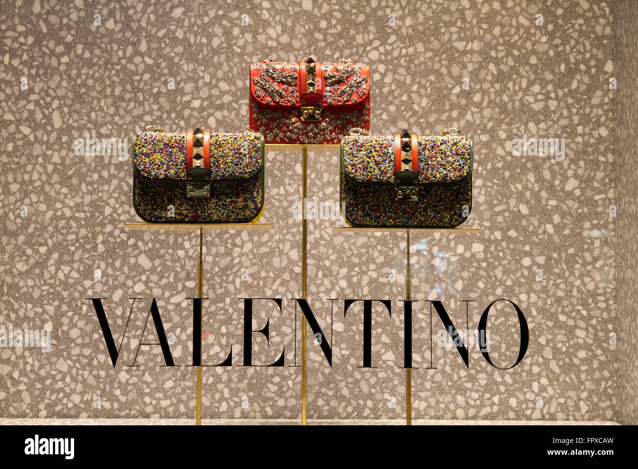 Valentino fashion label, window store, logo brand Rome Italy Stock
