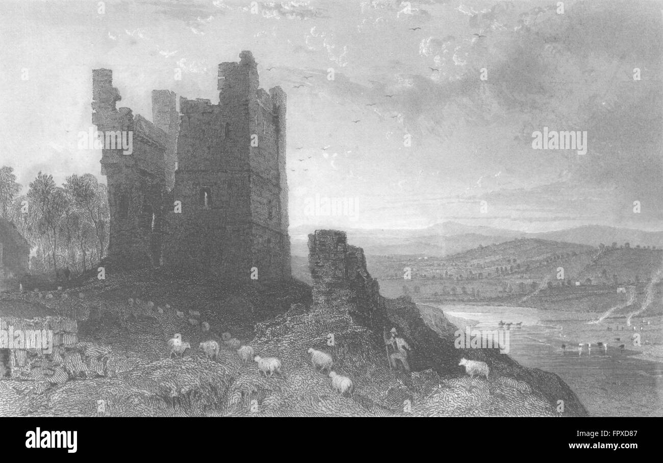 WESTMORLAND: Brough Castle: Allom: Shepherd & Flock, antique print 1832 Stock Photo