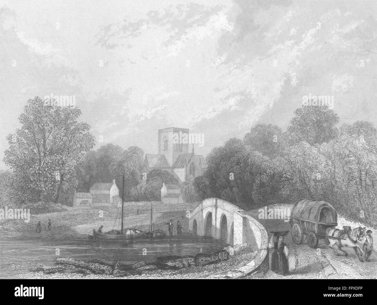 WALES: St Asaph's Cathedral view bridge: Asaph, antique print 1836 Stock Photo