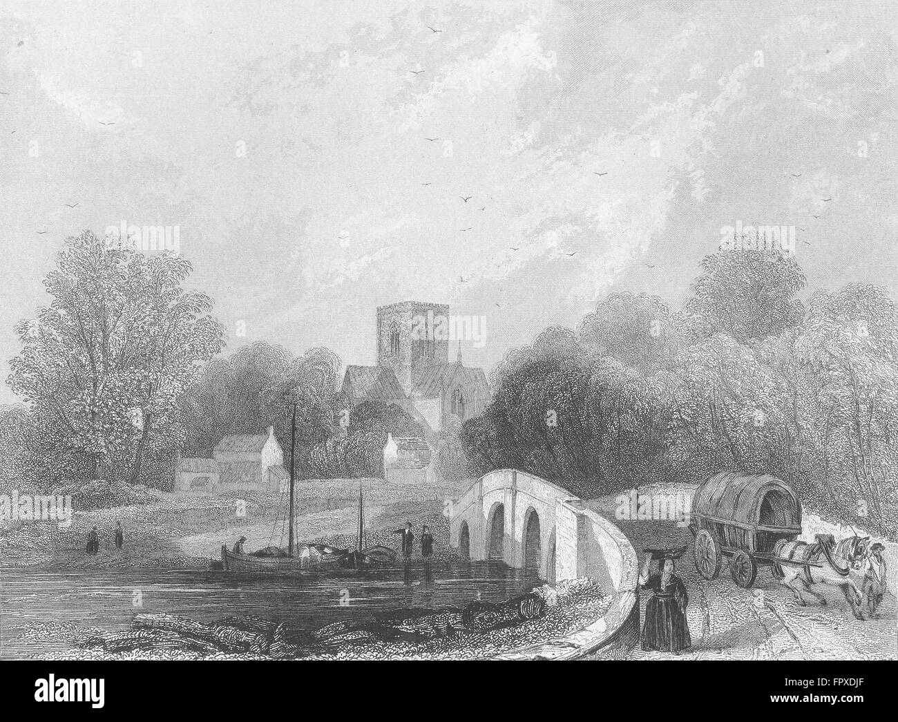 WALES: St Asaph's Cathedral view bridge: Asaph, antique print 1860 Stock Photo