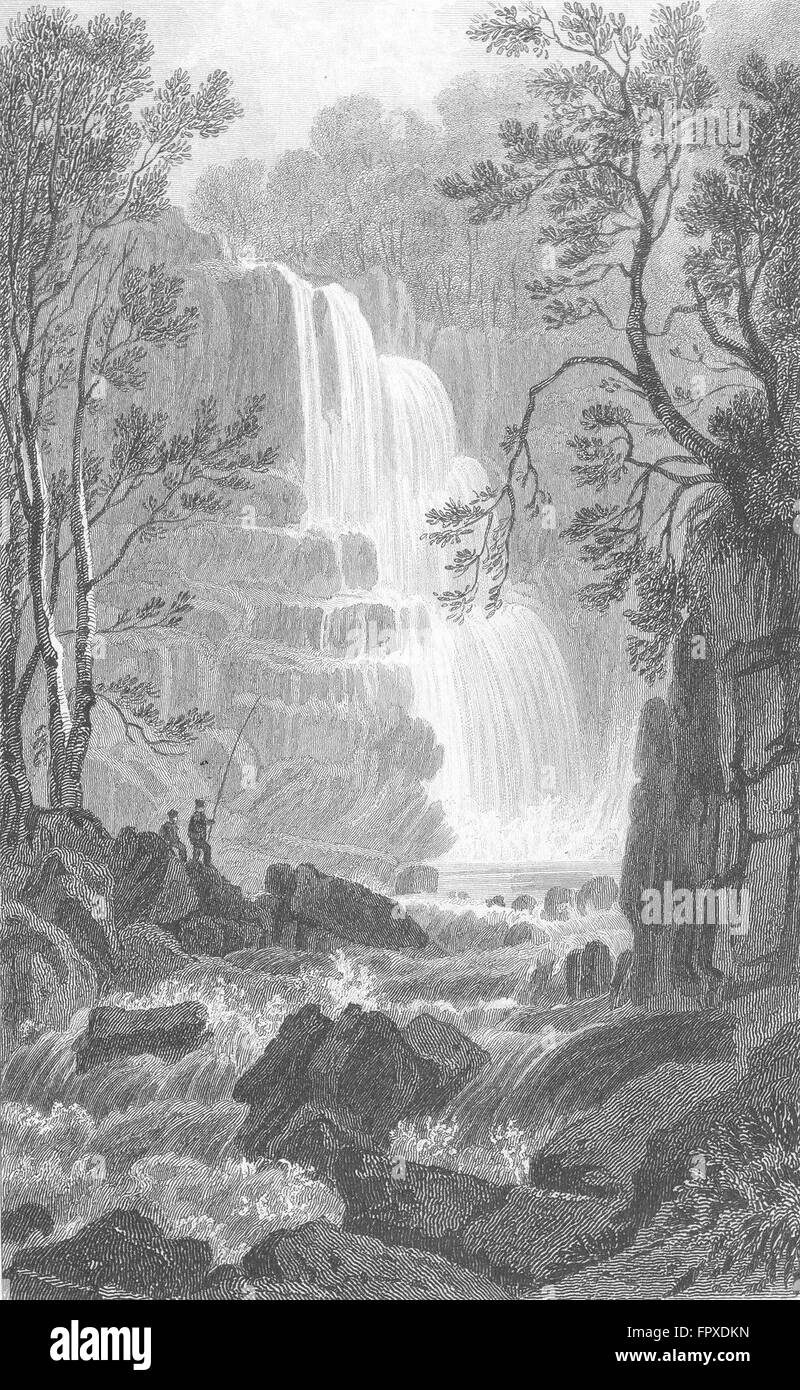 PISTILL CAEN: Merionethshire: Waterfall anglers, antique print c1831 Stock Photo