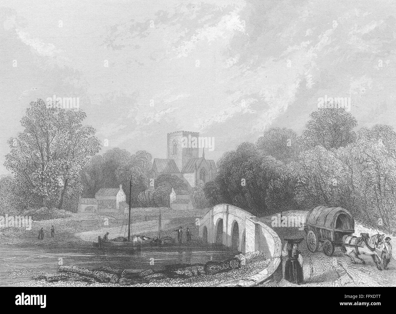 WALES: St Asaph's Cathedral view bridge: Asaph, antique print 1836 Stock Photo