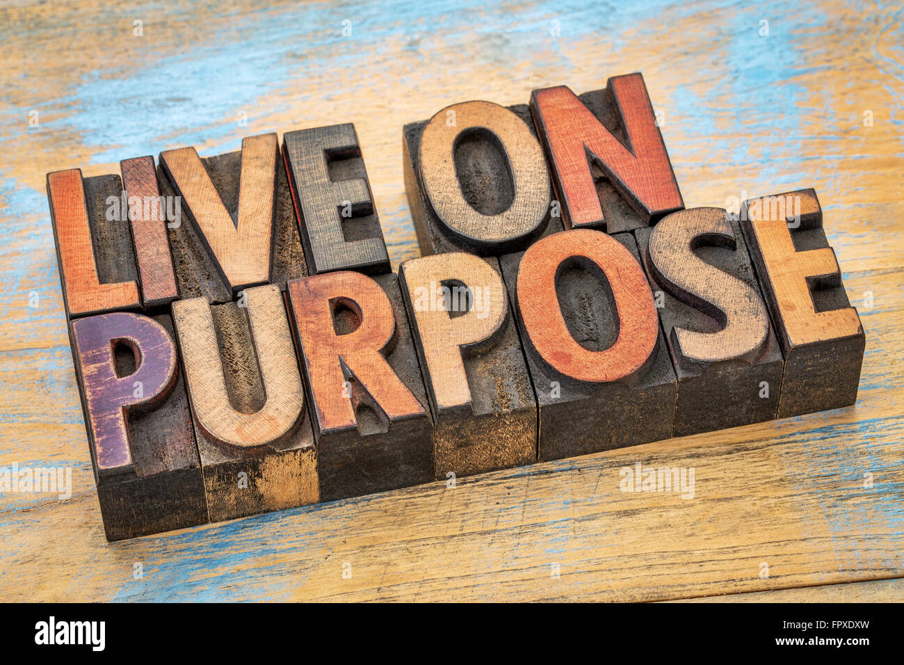 Live on purpose  banner - word abstract in vintage letterpress wood type printing blocks Stock Photo
