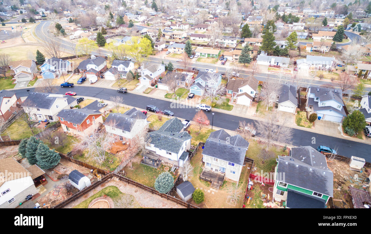 Aerial view of residential neighborhood at the beginning of snow storm. Stock Photo