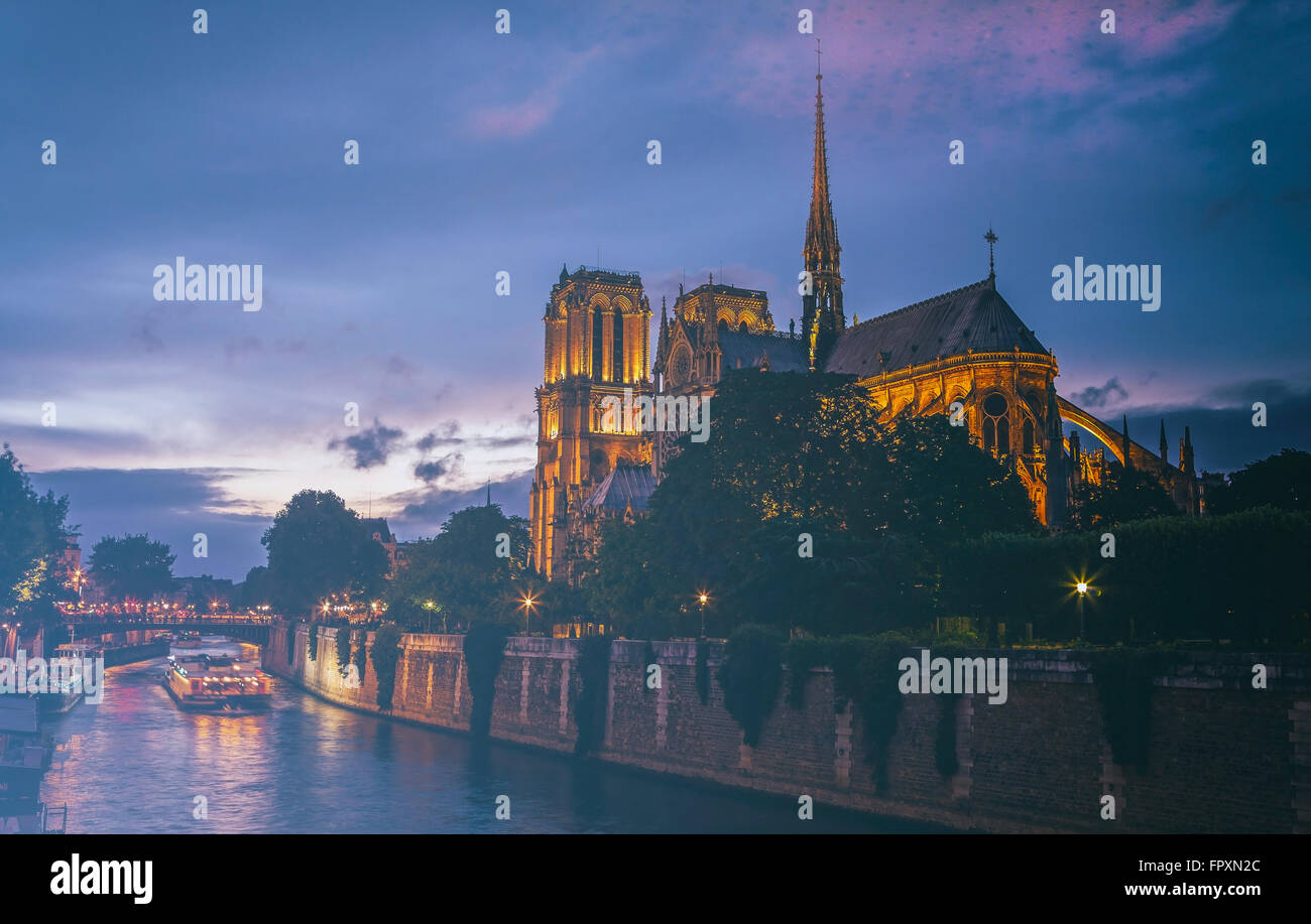 Notre Dame Cathedral at night time. Paris, France. Stock Photo