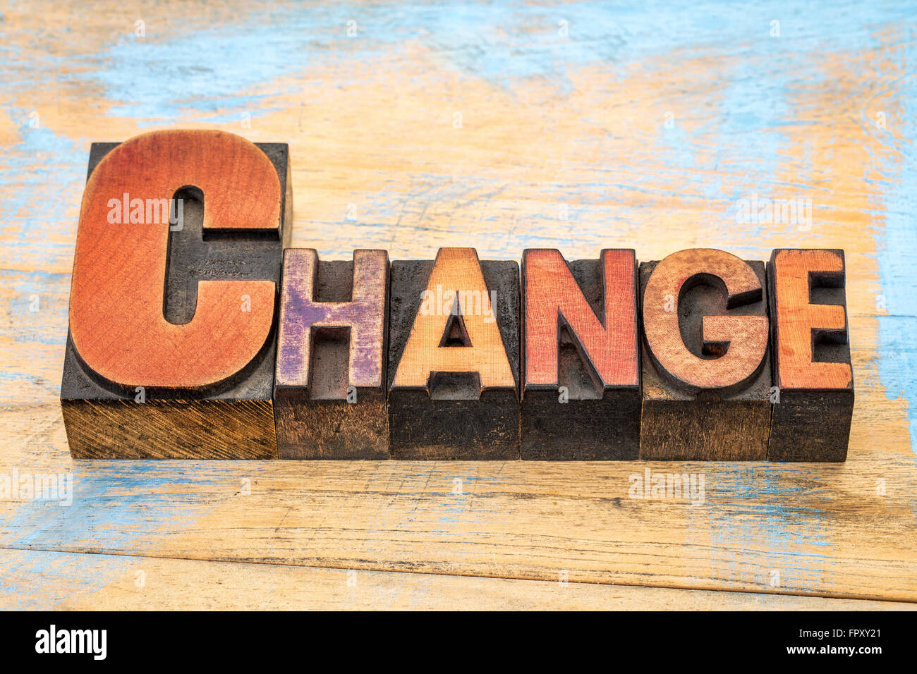 change banner - text in vintage letterpress wood type blocks stained by color inks Stock Photo