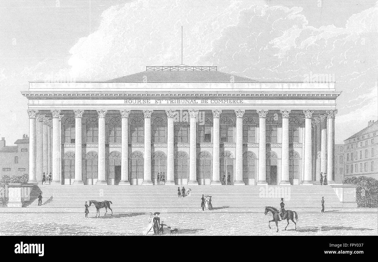 PARIS: Bourse: France: Pugin Dog Horses, antique print 1834 Stock Photo