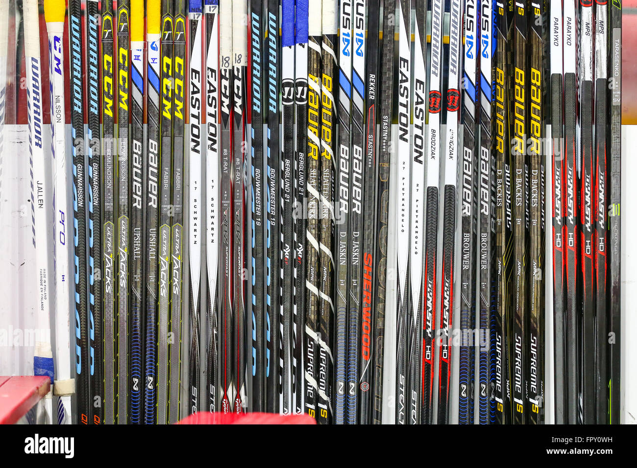 St. Louis Blues hockey sticks during the NHL game between the St Louis Blues and the Carolina Hurricanes at the PNC Arena. Stock Photo