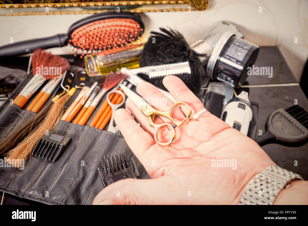 Still life with an assortment of classic, well used hairdresser