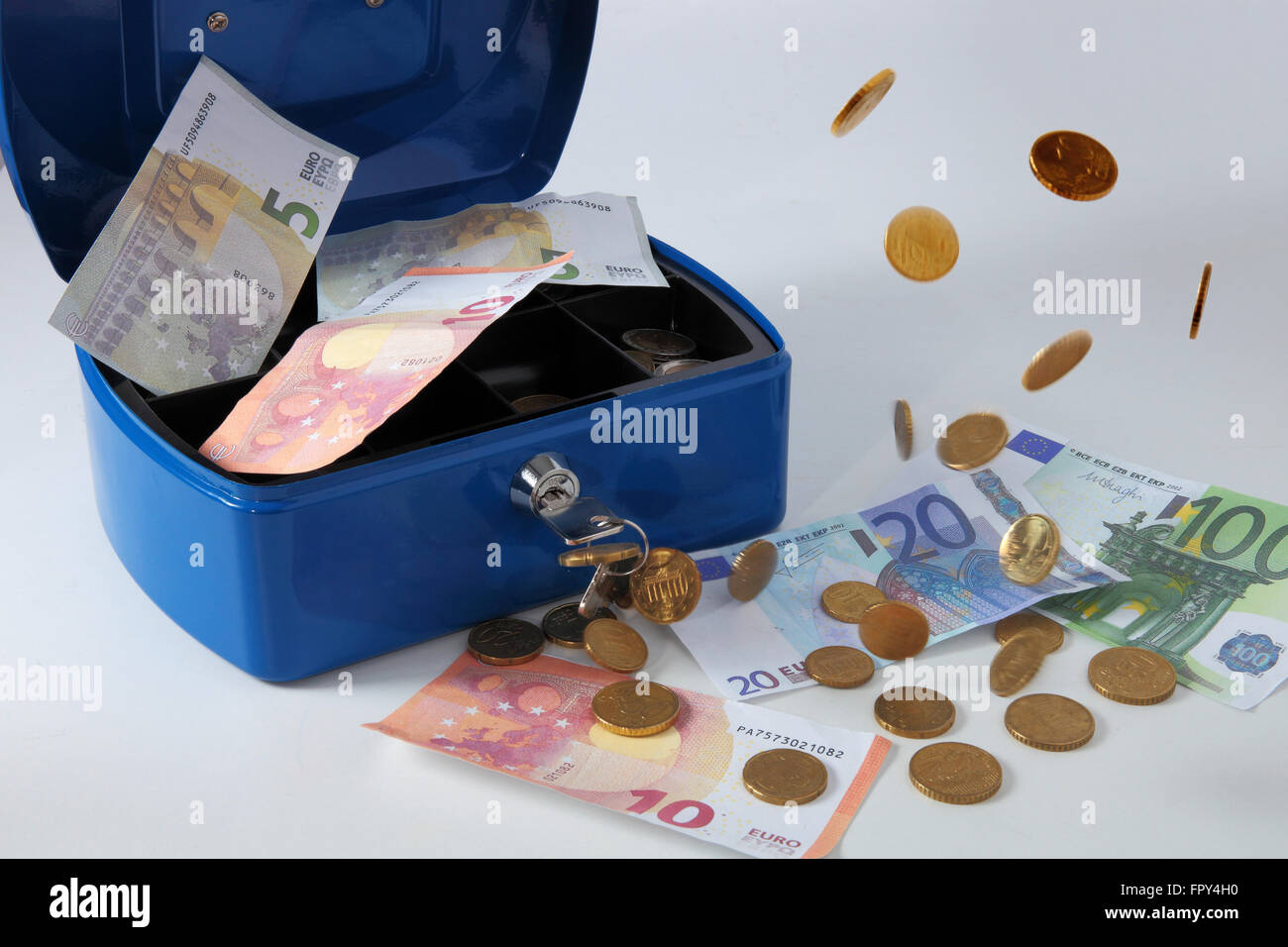 Cashbox with banknotes and coins, Euro Stock Photo