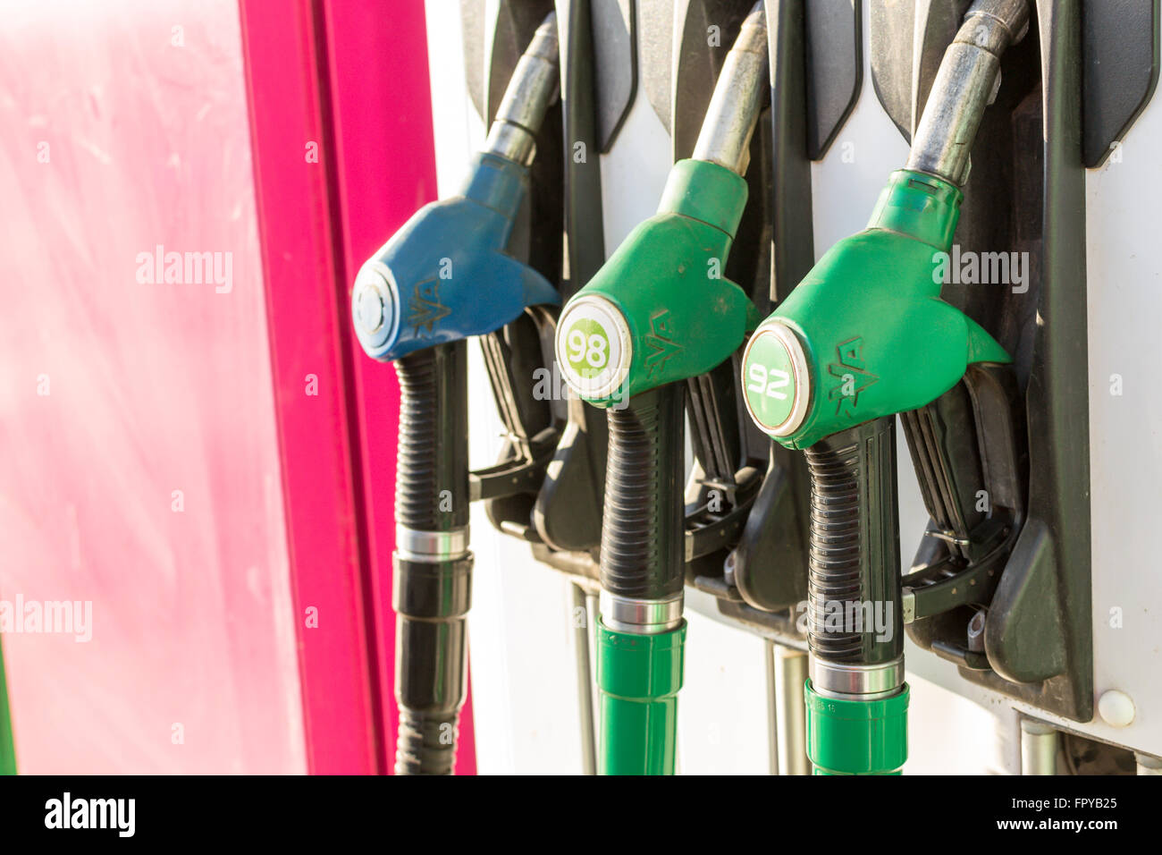 UFA - RUSSIA 13TH FEBRUARY 2016 - Gasoline hand pumps on display at a local gas station in Ufa Russia giving car drivers a choic Stock Photo