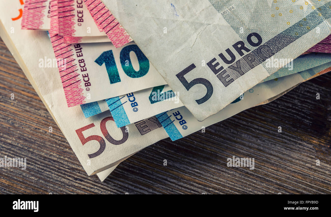 Several hundred euro banknotes stacked by value. Euro money concept. Euro banknotes. Euro currency. Stock Photo
