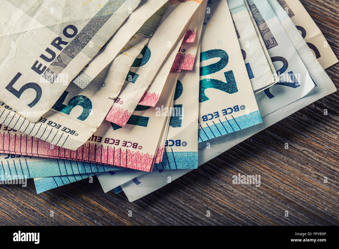 Several hundred euro banknotes stacked by value. Euro money concept. Euro banknotes. Euro currency. Stock Photo