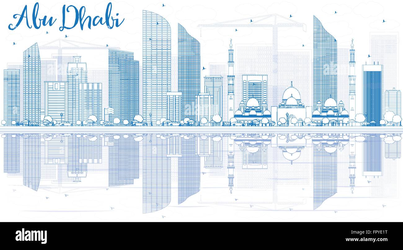 Outline Abu Dhabi City Skyline with Blue Buildings and Reflections. Vector Illustration. Stock Vector