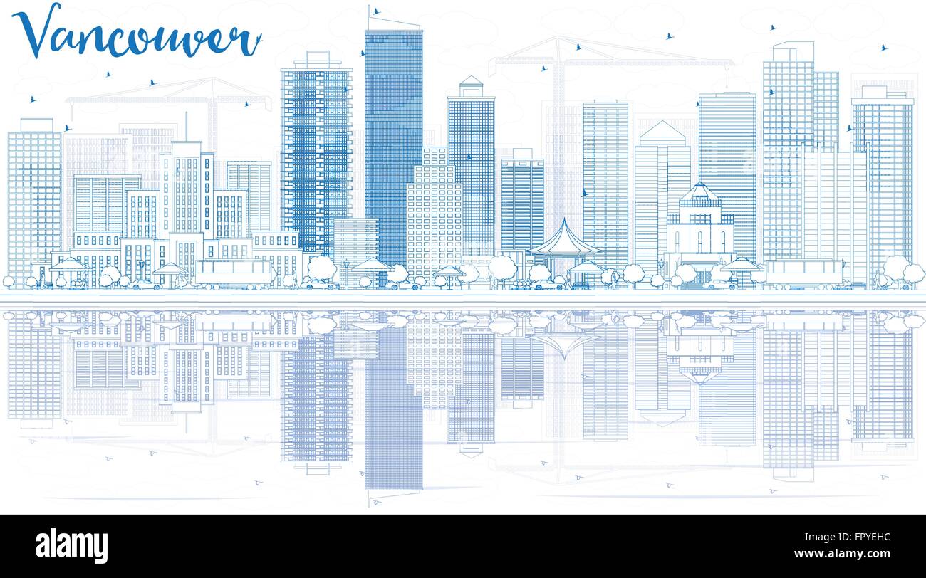 Outline Vancouver skyline with blue buildings and reflections. Vector ...