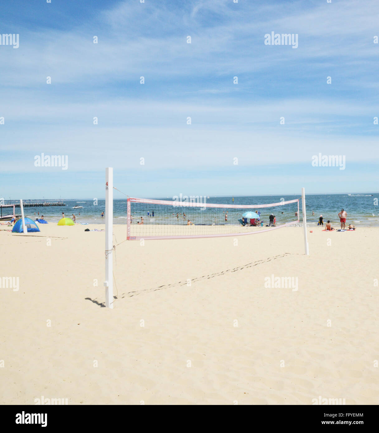 Beach Scene showing volley ball nets Stock Photo