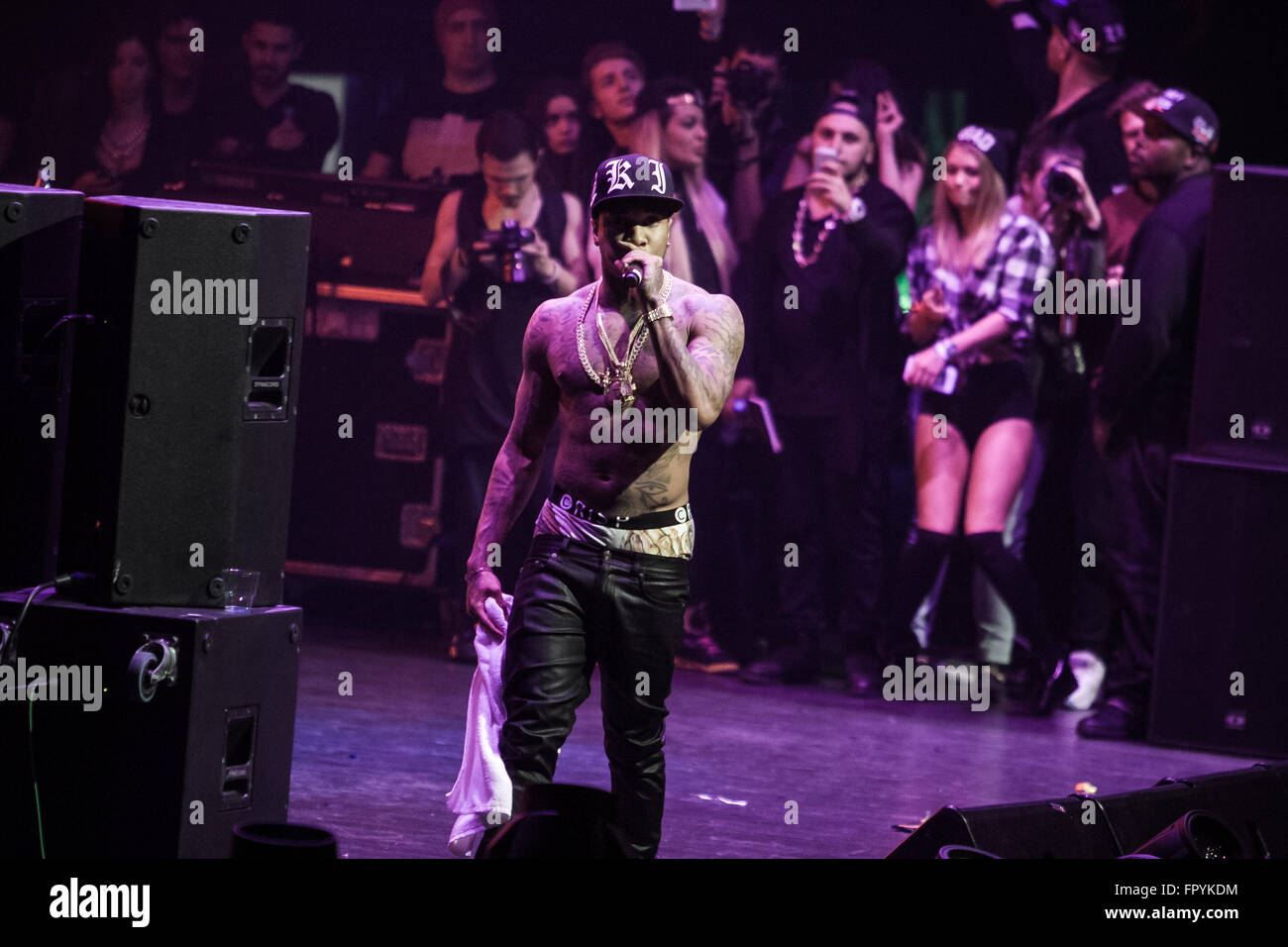 MOSCOW - 22 NOVEMBER, 2014 : American rap singer Tyga performing at Space Moscow nightclub in Russia Stock Photo