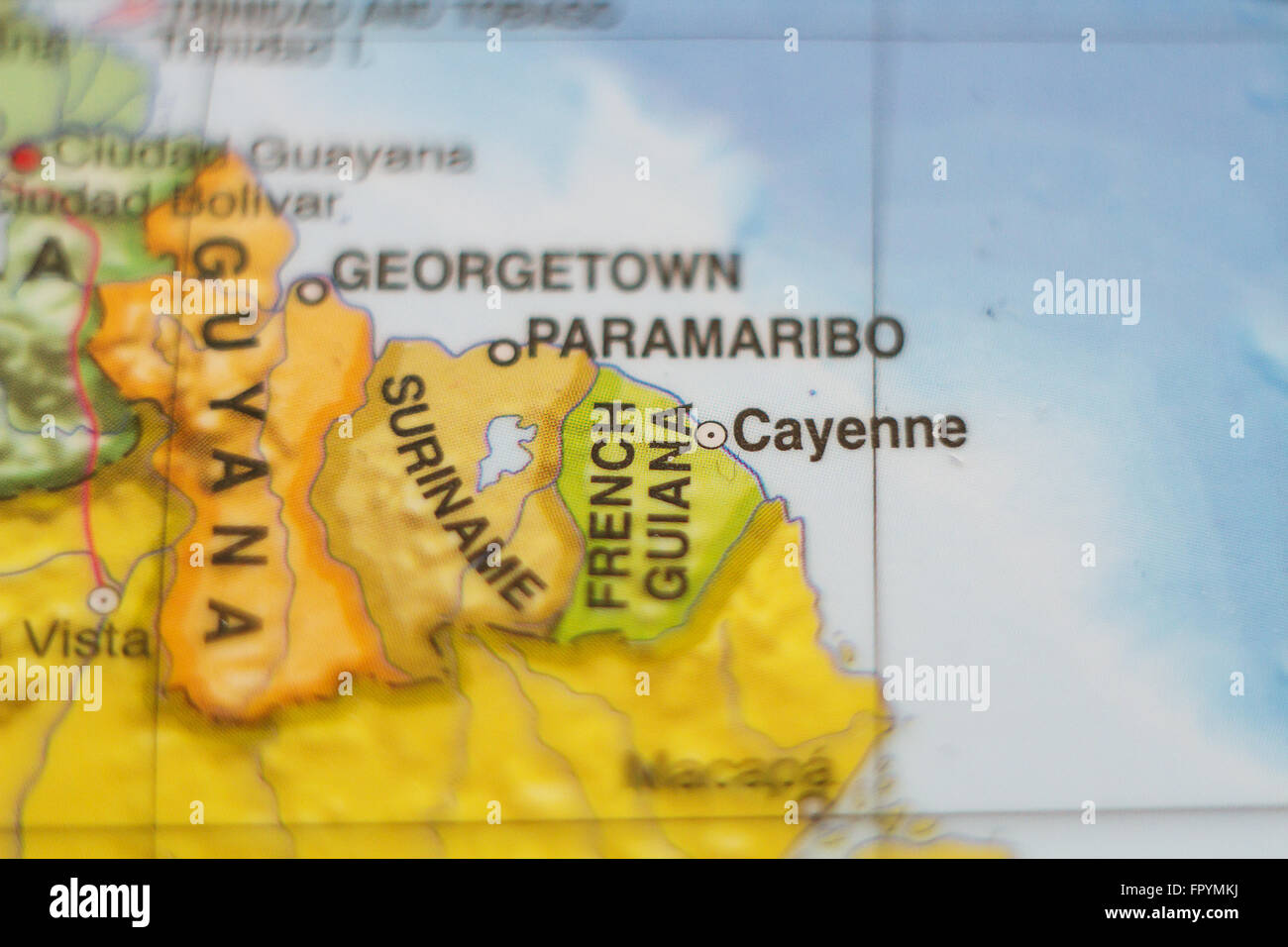 Beautiful photo of a map of French Guiana and the capital Cayenne . Stock Photo