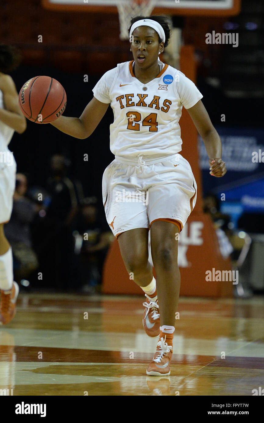 March 19, 2016. Ariel Atkins #24 of the Texas Longhorns in action vs Alabama State Lady Hornets at the Frank Erwin Center in Austin Texas. Texas defeats Alabama State 86-42.Robert Backman/Cal Sport Media. Stock Photo