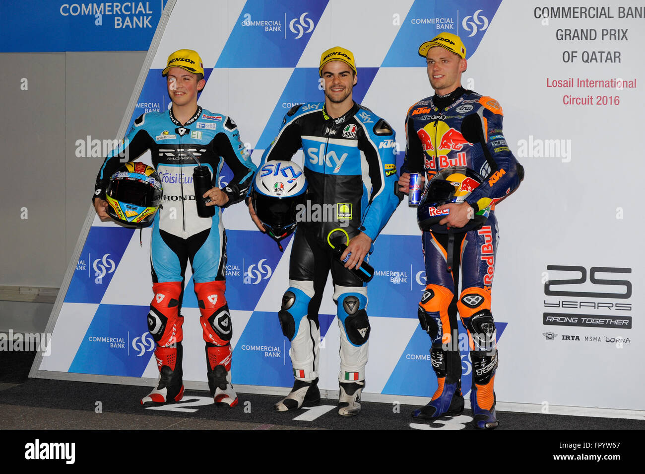 Losail Qatar 19th Mar 2016 Livio Loi Romano Fenati And Brad Binder Celebrate The First Row Of Moto3 Race During Qualifying Sessions Qatargp C Gaetano Piazzolla Pacific Press Alamy Live News Stock Photo