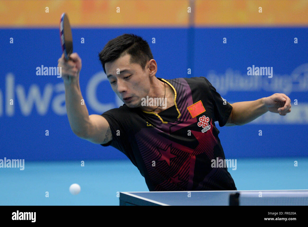Kuwait City, Kuwait. 20th Mar, 2016. Zhang Jike of China competes