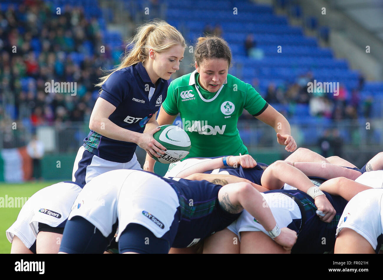 Donnybrook, Dublin, Ireland. 20th Mar, 2016. RBS Womens Six Nations Championships. Ireland versus Scotland. Jenny Maxwell of Scotland putting the ball into the scrum. Credit:  Action Plus Sports/Alamy Live News Stock Photo