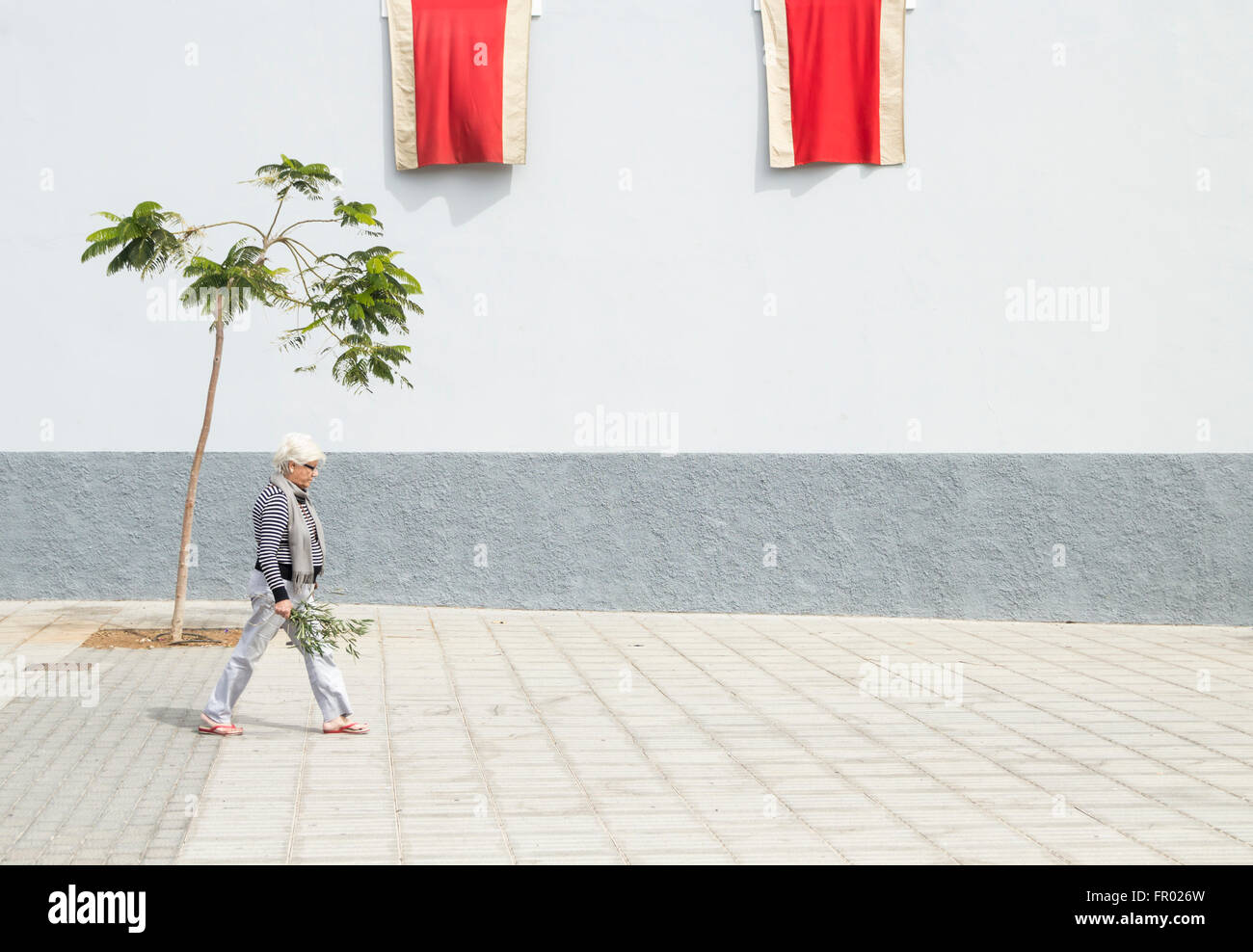 Las Palmas, Gran Canaria, Canary Islands, Spain, 20th March 2016. Palm Sunday procession in Las Palmas, the capital of Gran Canaria. PICTURED: Woman holding Olive branch walks past church on her way to Palm Sunday procession Credit:  Alan Dawson News/Alamy Live News Stock Photo