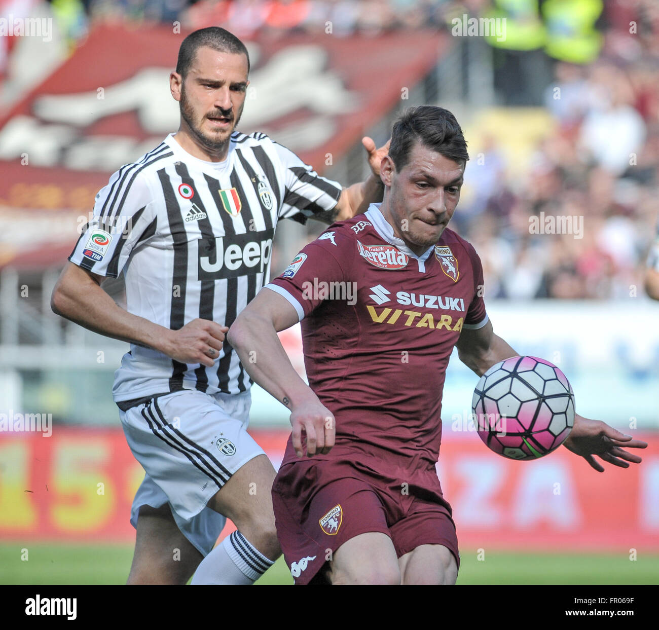 Turin, Italy. 20th Mar, 2016. Leonardo Bonucci (left) and Andrea Belotti  compete for the ball during the Serie A football match between Torino FC  and Juventus FC at Olympic stadium in Turin,