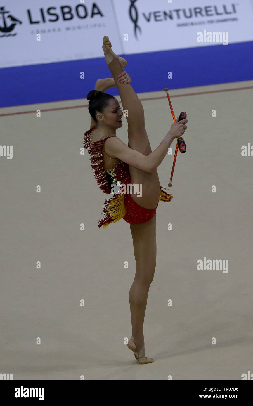 Lisbon, Portugal. 20th Mar, 2016. Carolina Rodriguez of Spain performs with the clubs during the final of the FIG Rhythmic Gymnastics World Cup in Lisbon, Portugal on March 20, 2016. © Pedro Fiuza/ZUMA Wire/Alamy Live News Stock Photo