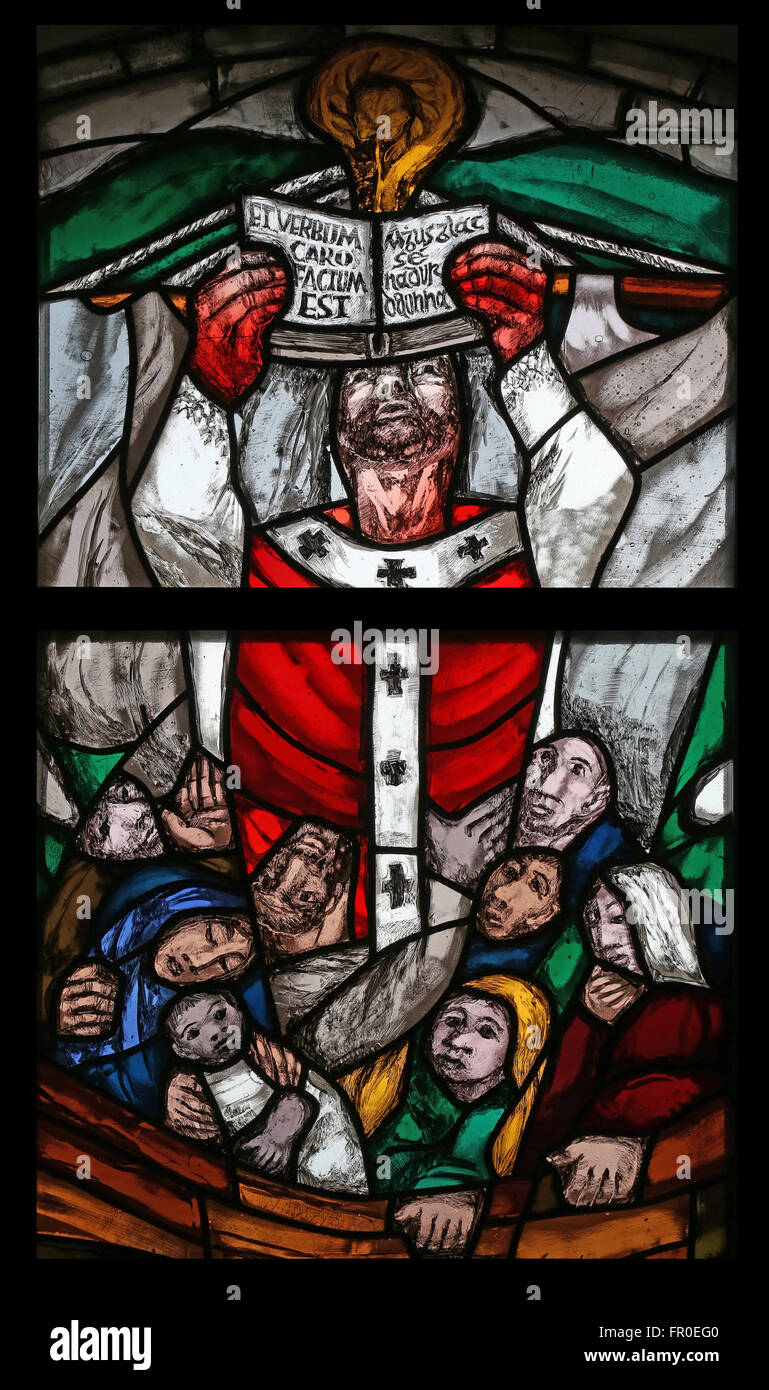 St. Patrick, stained-glass window in the parish church of St Patrick, work of painter Sieger Koder in Eggenrot, Germany Stock Photo