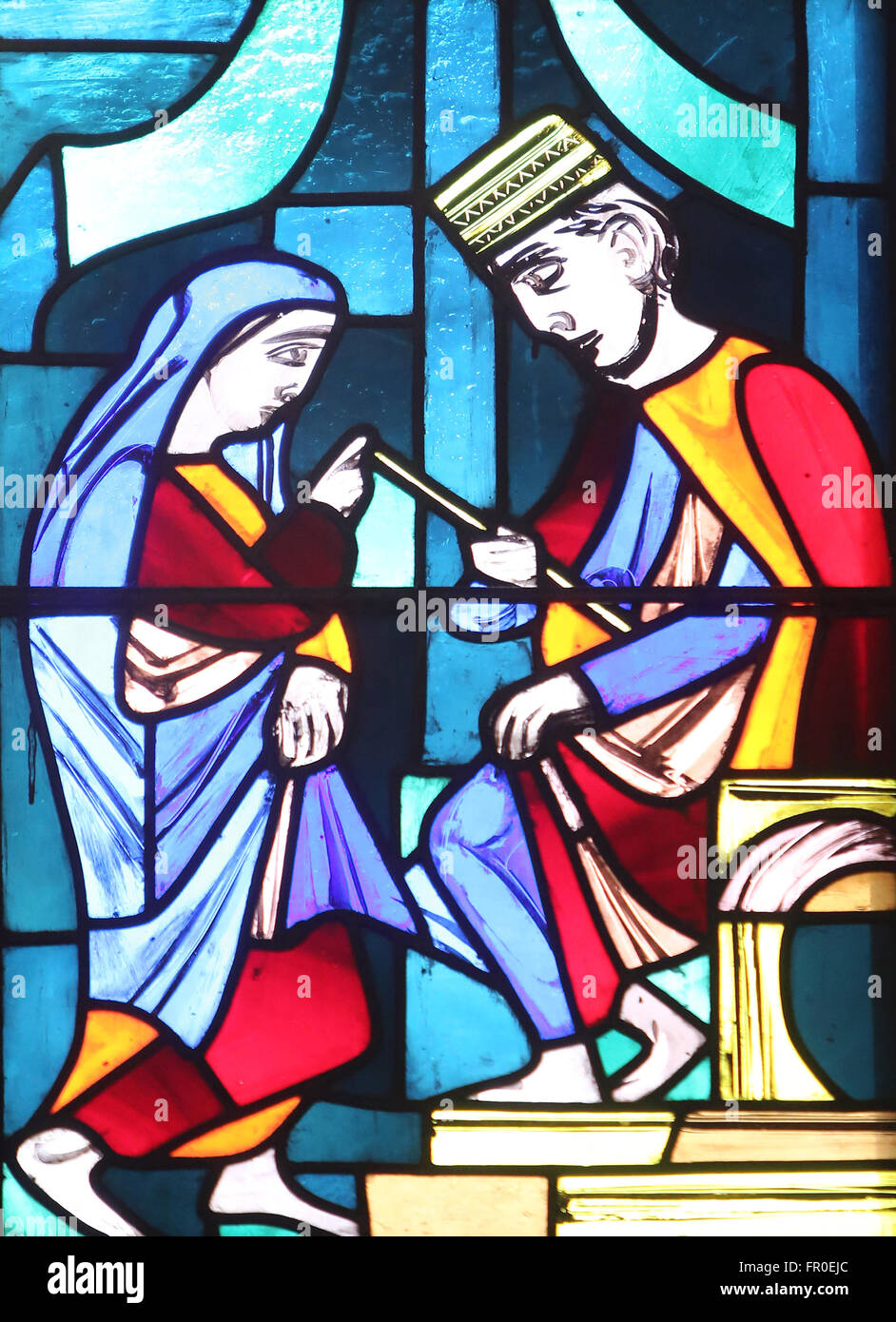 Esther, stained glass window in Basilica of St. Vitus in Ellwangen, Germany on May 07, 2014. Stock Photo