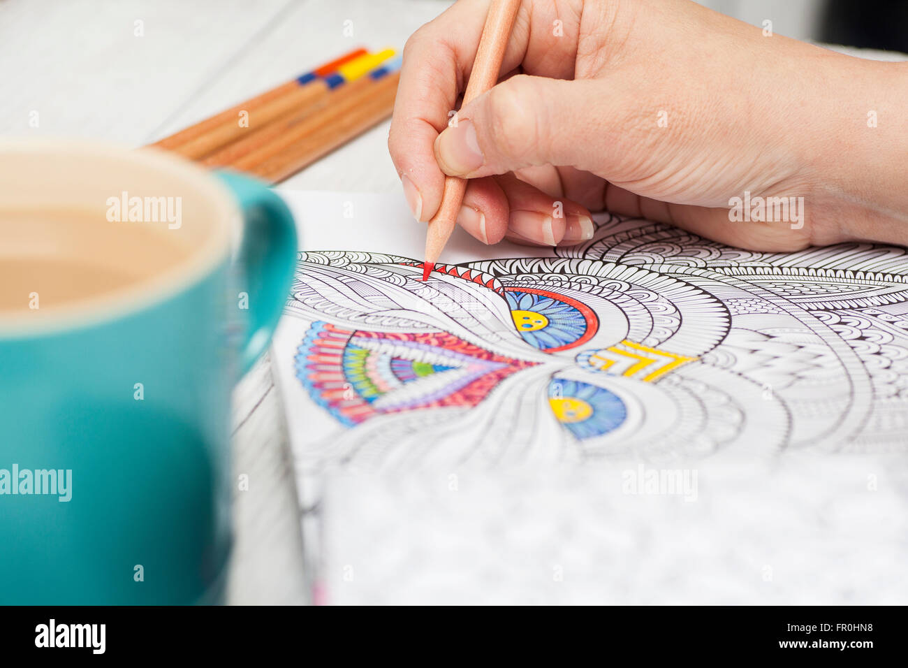 Download Person Coloring In An Adult Coloring Book With Colorful Pencil Crayons Stock Photo Alamy