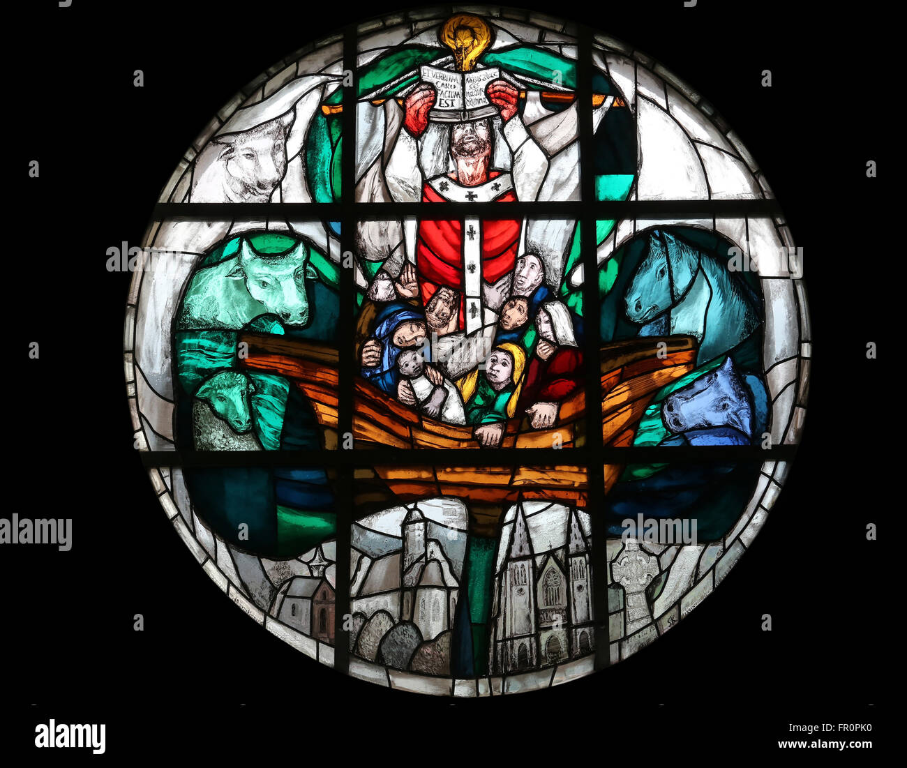 St. Patrick, stained-glass window in the parish church of St Patrick, work of painter Sieger Koder in Eggenrot, Germany Stock Photo