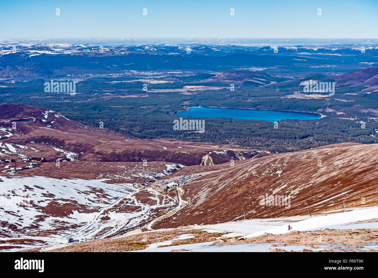 View towards Bottom Station and Loch Morlich fromThe Top Station of CairnGorm Mountain railway on Cairn Gorm Speyside Scotland Stock Photo