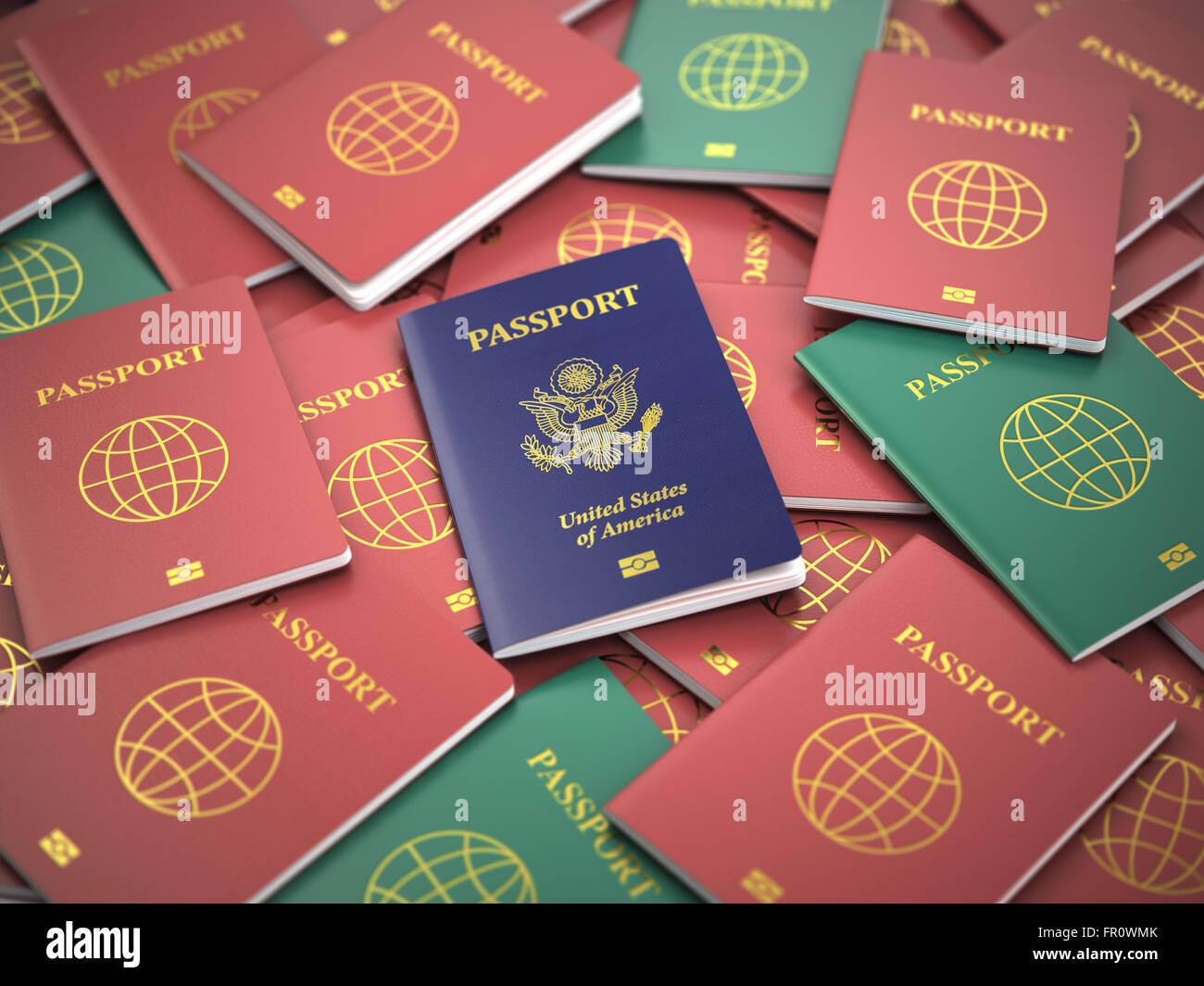 Passport of USA on the pile of different passports. Immigration concept