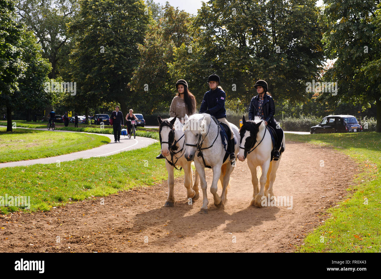 Three Female Riders On Horseback In Hyde Park In London United Kingdom