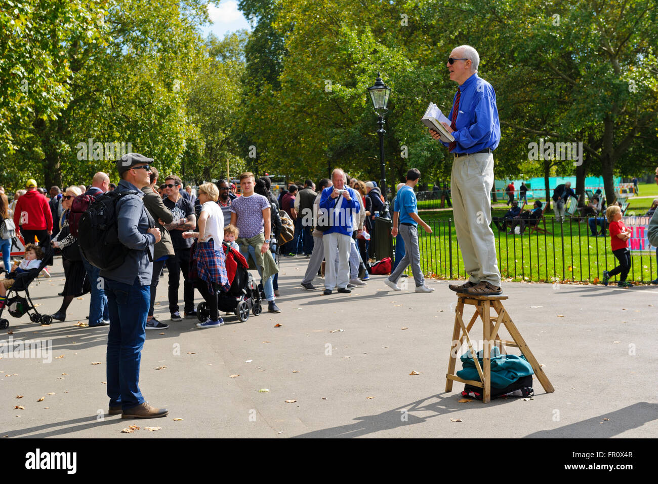 A man addressing the crowd at Speakers' Corner in Hyde Park, London, United Kingdom. Stock Photo