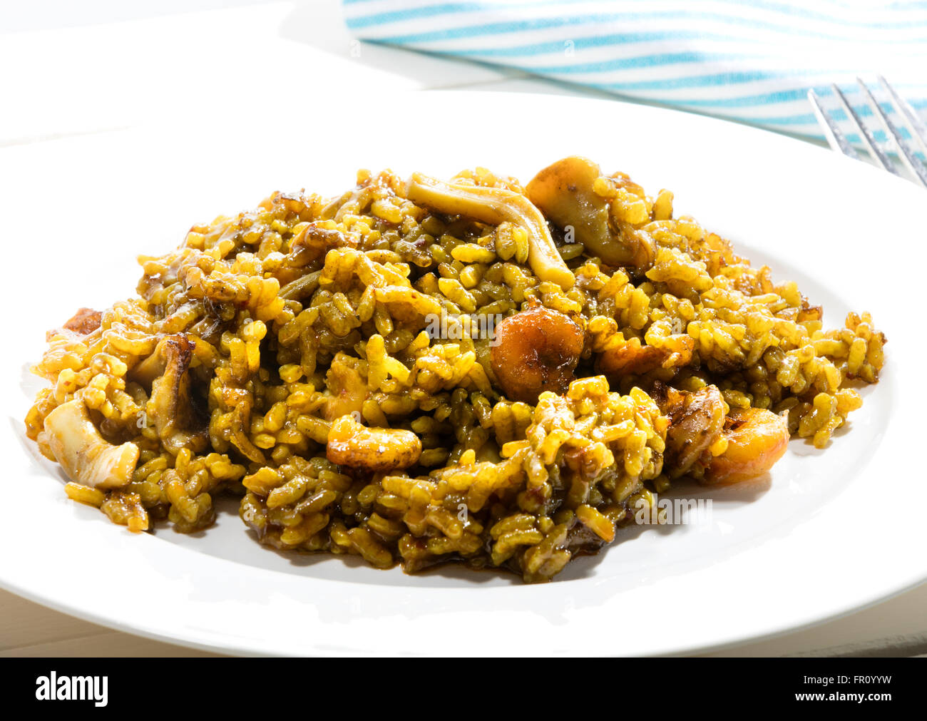 typical Spanish rice recipe called Paella due to the recipient in where it is cooked. In this