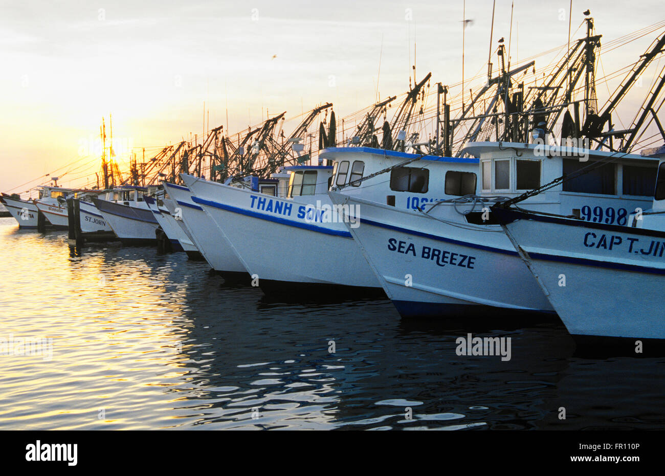 Shrimp boats line the harbor at Fulton, near Corpus Christi, Texas Stock Photo