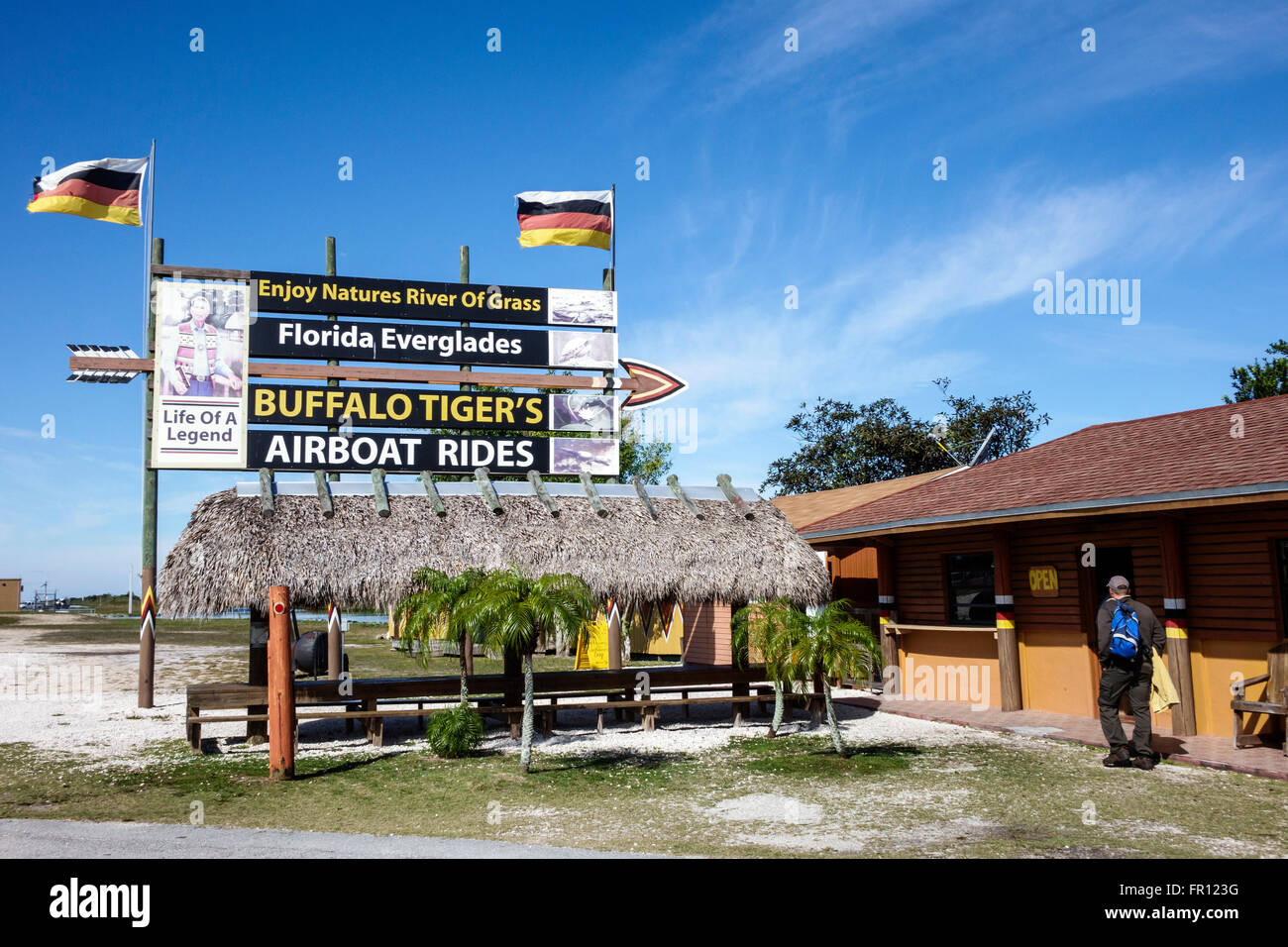 Florida Everglades,Tamiami Trail,Miccosukee Seminole Tribe Reservation,Native American Indian indigenous peoples,sign,Buffalo Tiger's airboat rides,fl Stock Photo