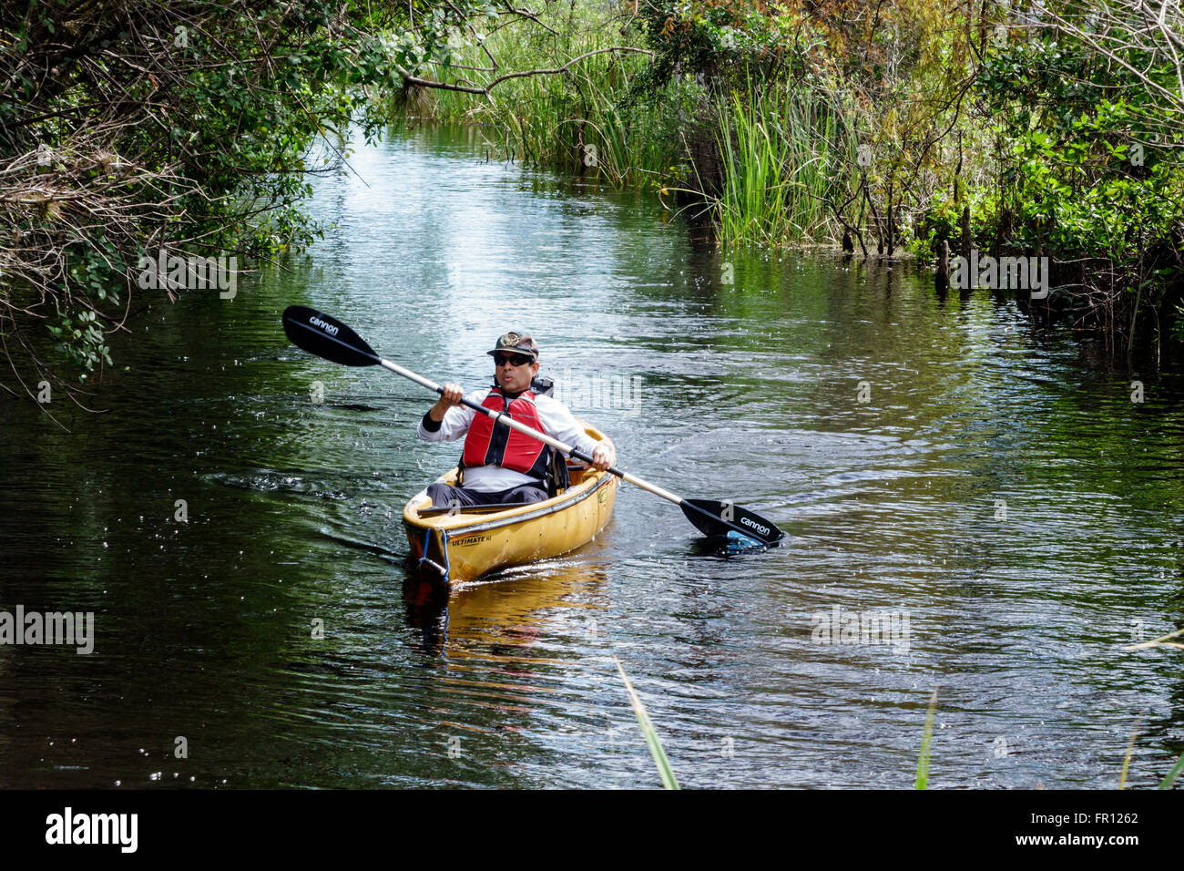 Florida Everglades,Big Cypress National Preserve Park,canoe,paddling,adult,adults,man men male,boat,water,life jacket,Hispanic FL160209020 Stock Photo