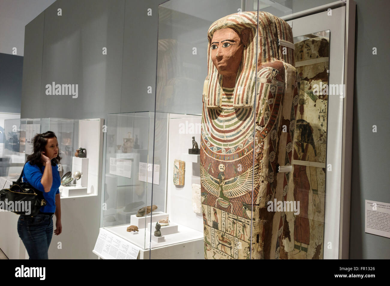 Tampa Florida,Waterfront Arts District,Tampa Museum of Art,interior inside,artwork,Anthropoid Sarcophagus of Shesep-Amun-tayes-herit,coffin,Egyptian,v Stock Photo