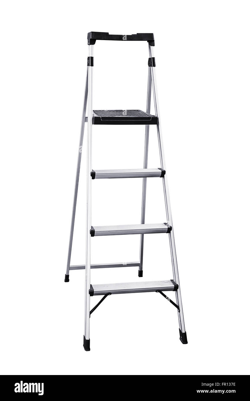 Aluminum ladder isolated on white background, work clipping path. Stock Photo