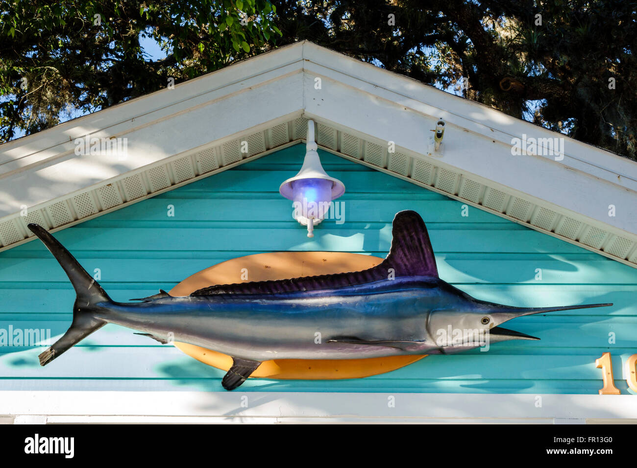 Florida Palm Harbor,Thirsty Marlin,restaurant restaurants food dining cafe cafes,outside exterior,mounted,large fish,FL160212069 Stock Photo