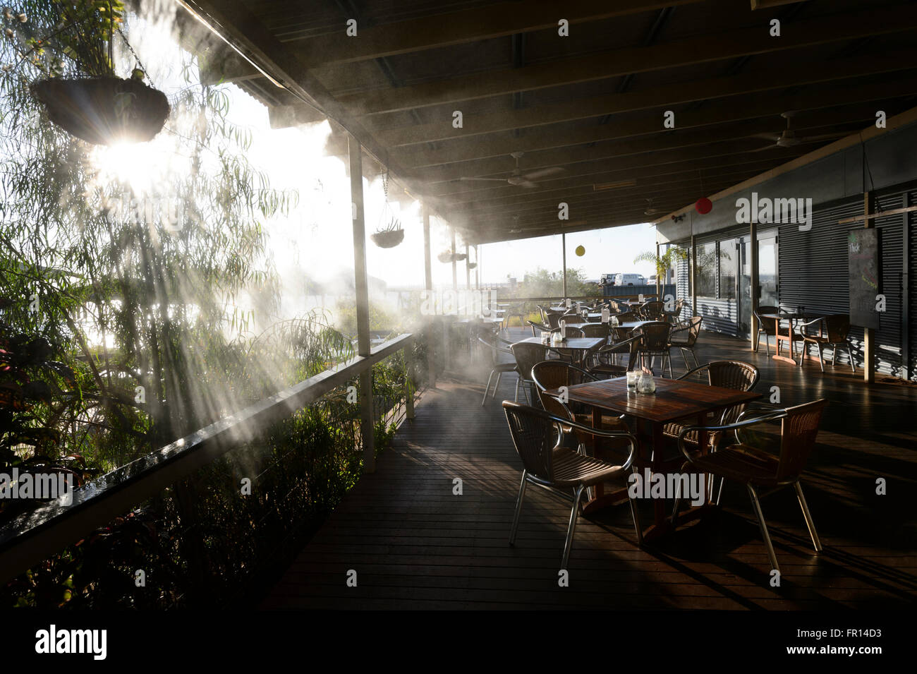 Cooling Mist for Customers at Derby Wharf Restaurant, Derby, Western Australia Stock Photo