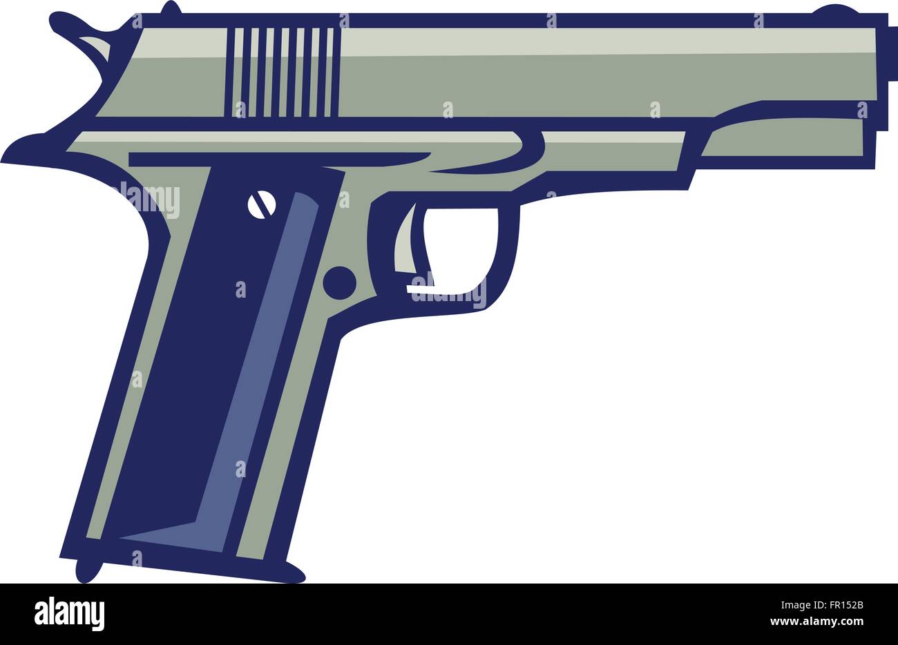 Illustration of a 1911 single-action, semi-automatic, magazine-fed, recoil-operated sidearm pistol chambered for the .45 caliber ACP cartridge viewed from side on isolated white background done in retro style. Stock Vector