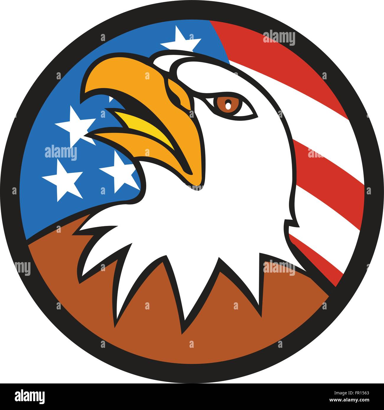 Illustration of an american bald eagle head looking up viewed from side set inside circle with usa flag stars and stripes in the background done in cartoon style. Stock Vector