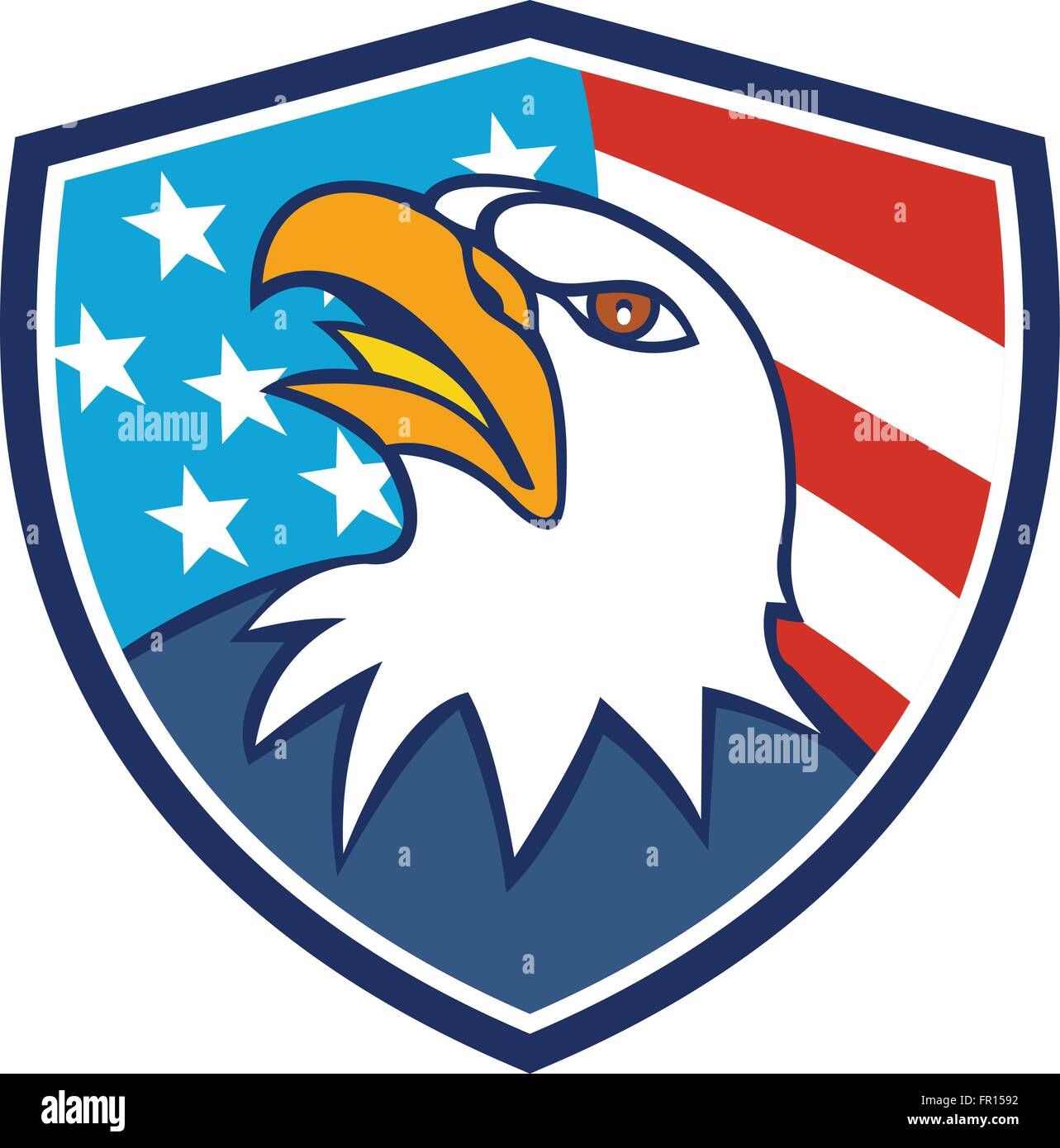 Illustration of an american bald eagle head looking up viewed from side set inside shield crest with usa flag stars and stripes Stock Vector
