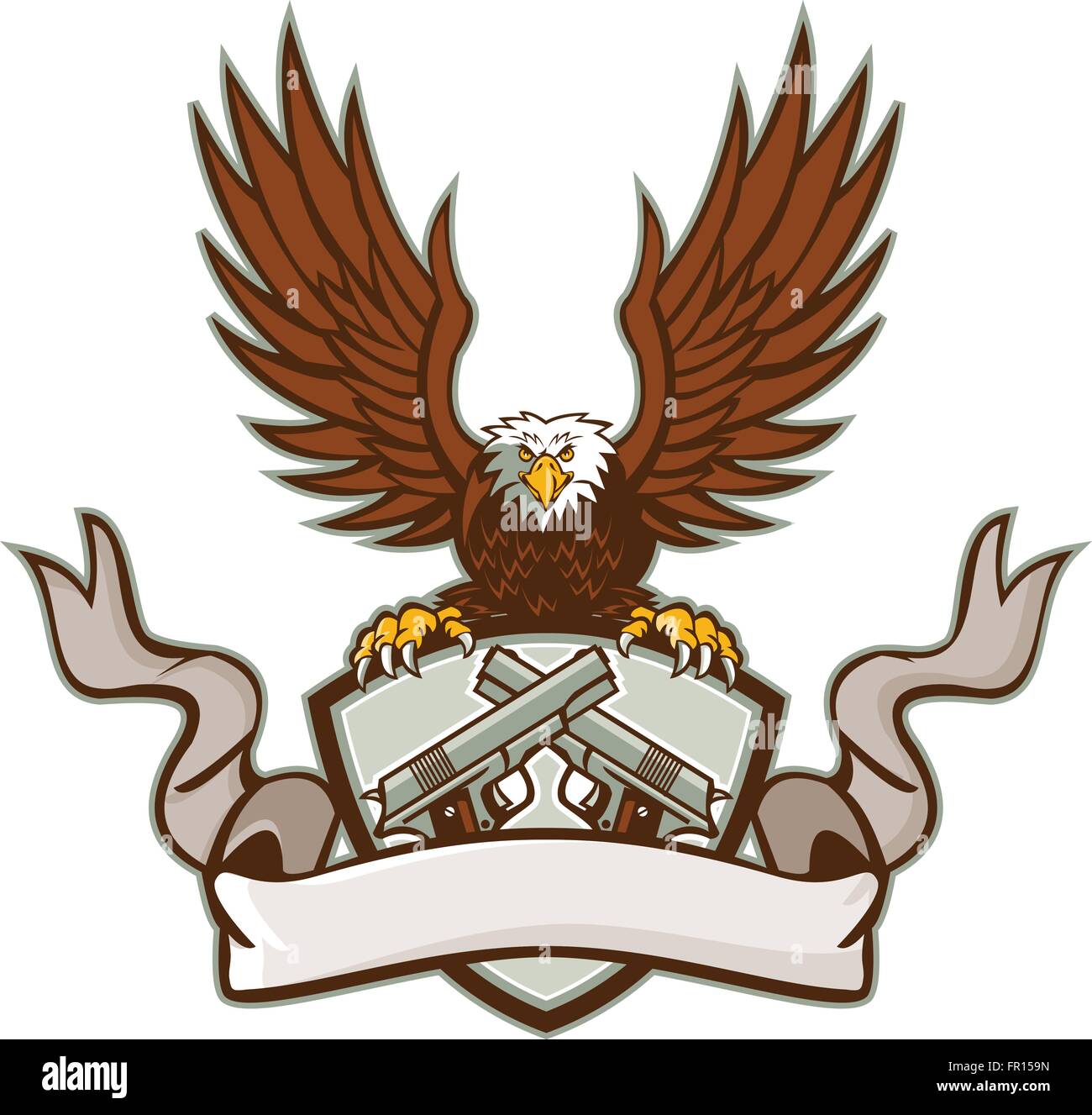 Illustration of a bald eagle holding a shield using its talons with crest  containing a crossed 1911 semi-automatic .45 caliber pistol with scroll  ribbon in front done in retro style Stock Vector